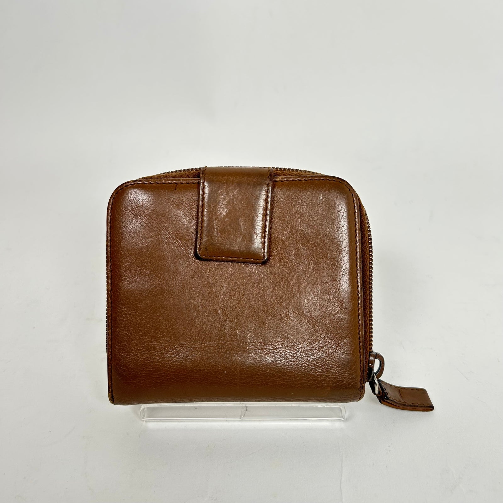 Prada Brown Leather Zip-Around Compact Wallet