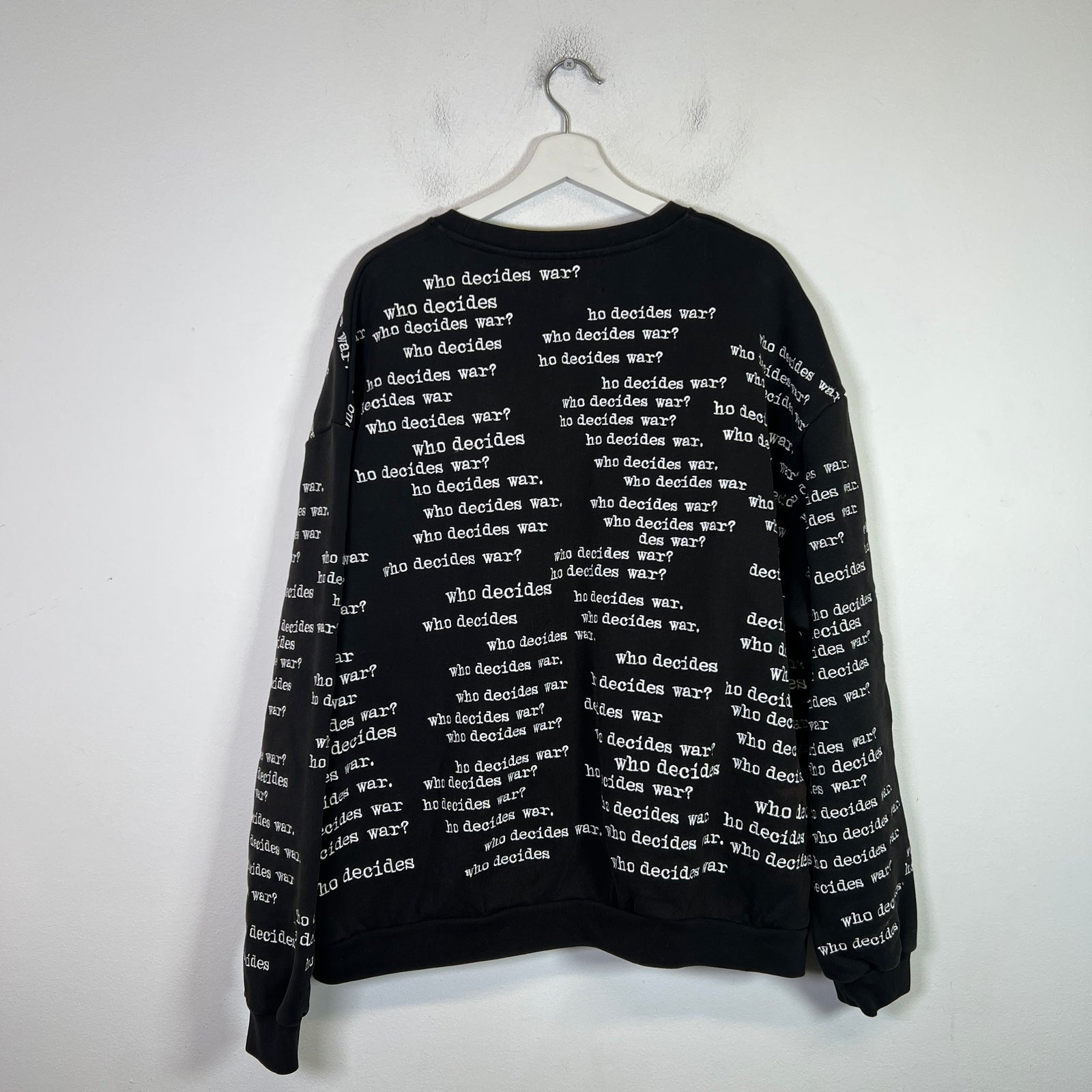 Who Decides War Black Full Embroidered Scripture Crewneck Size L