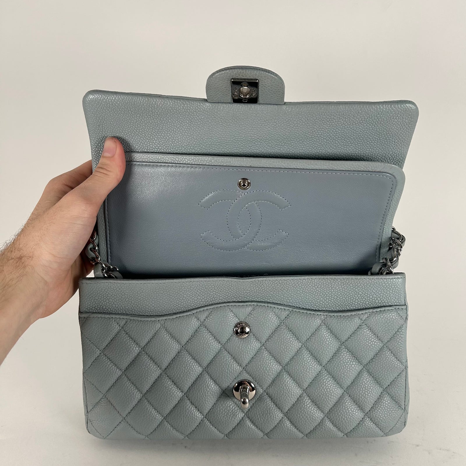 Chanel Light Baby Blue Quilted Caviar Medium Double Flap