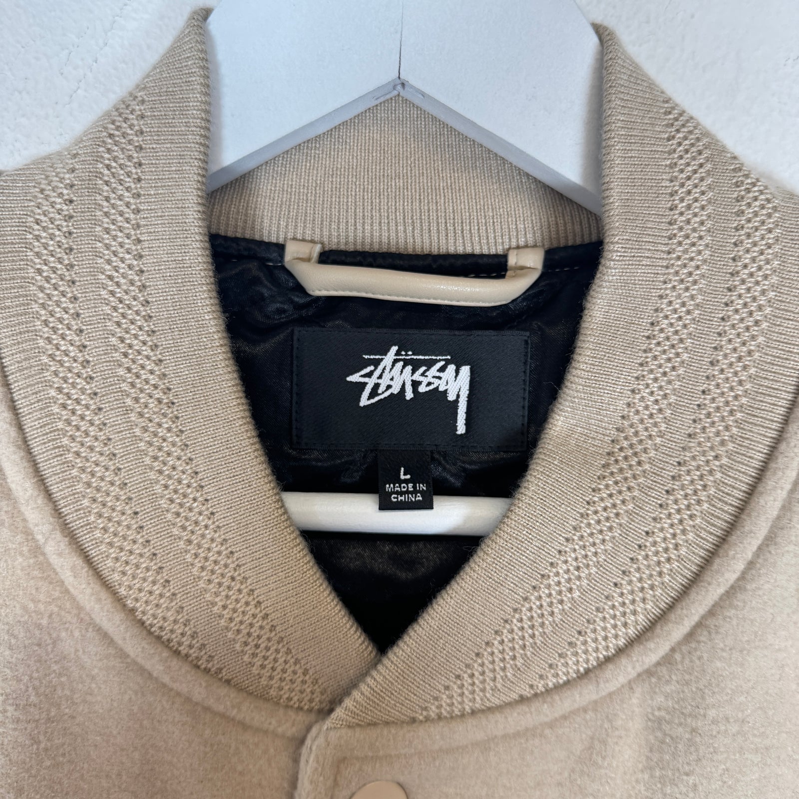 Stussy Sport Oatmeal Melton Varsity Jacket Size L