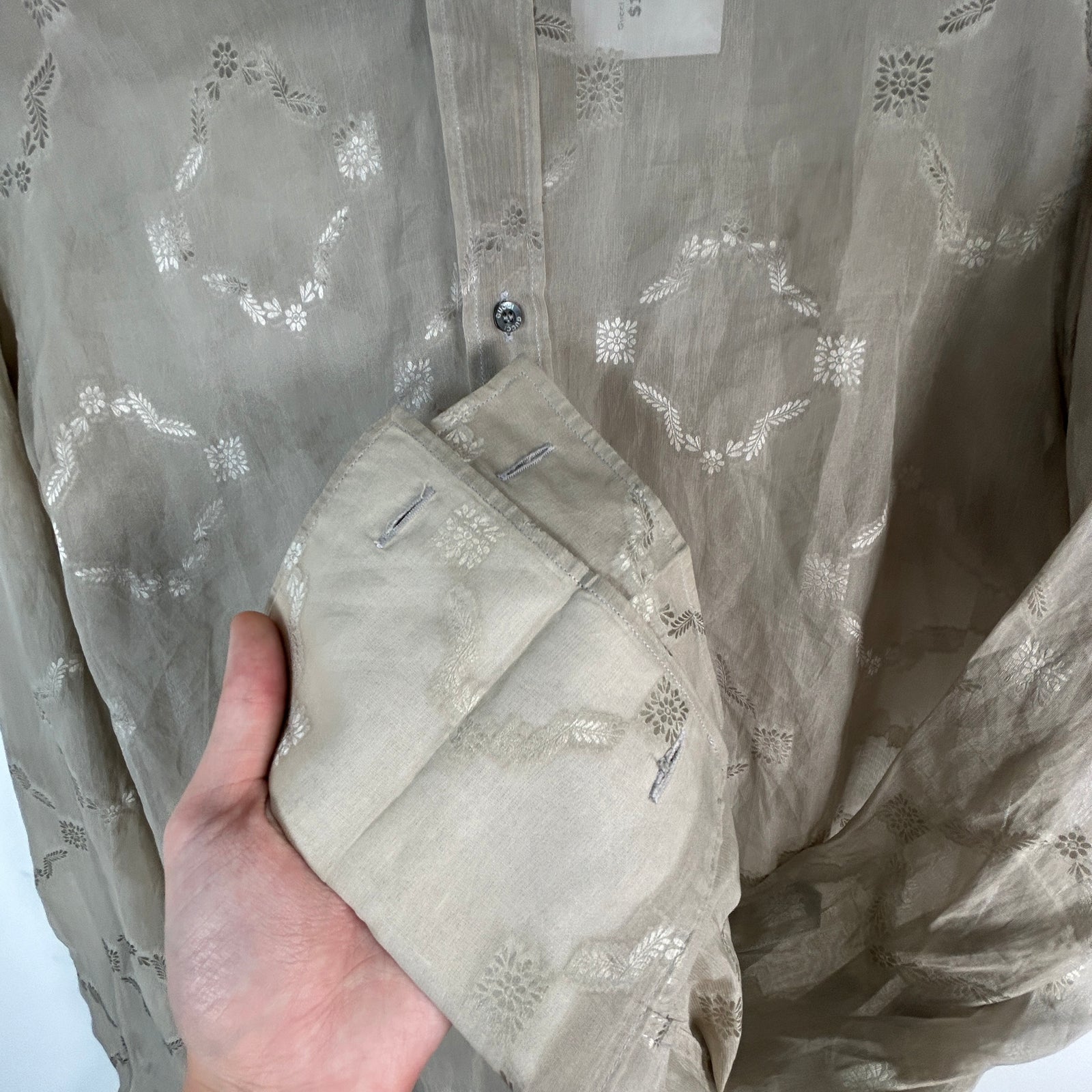 Gucci Sheer Leaves Tan Button Up Shirt Size M