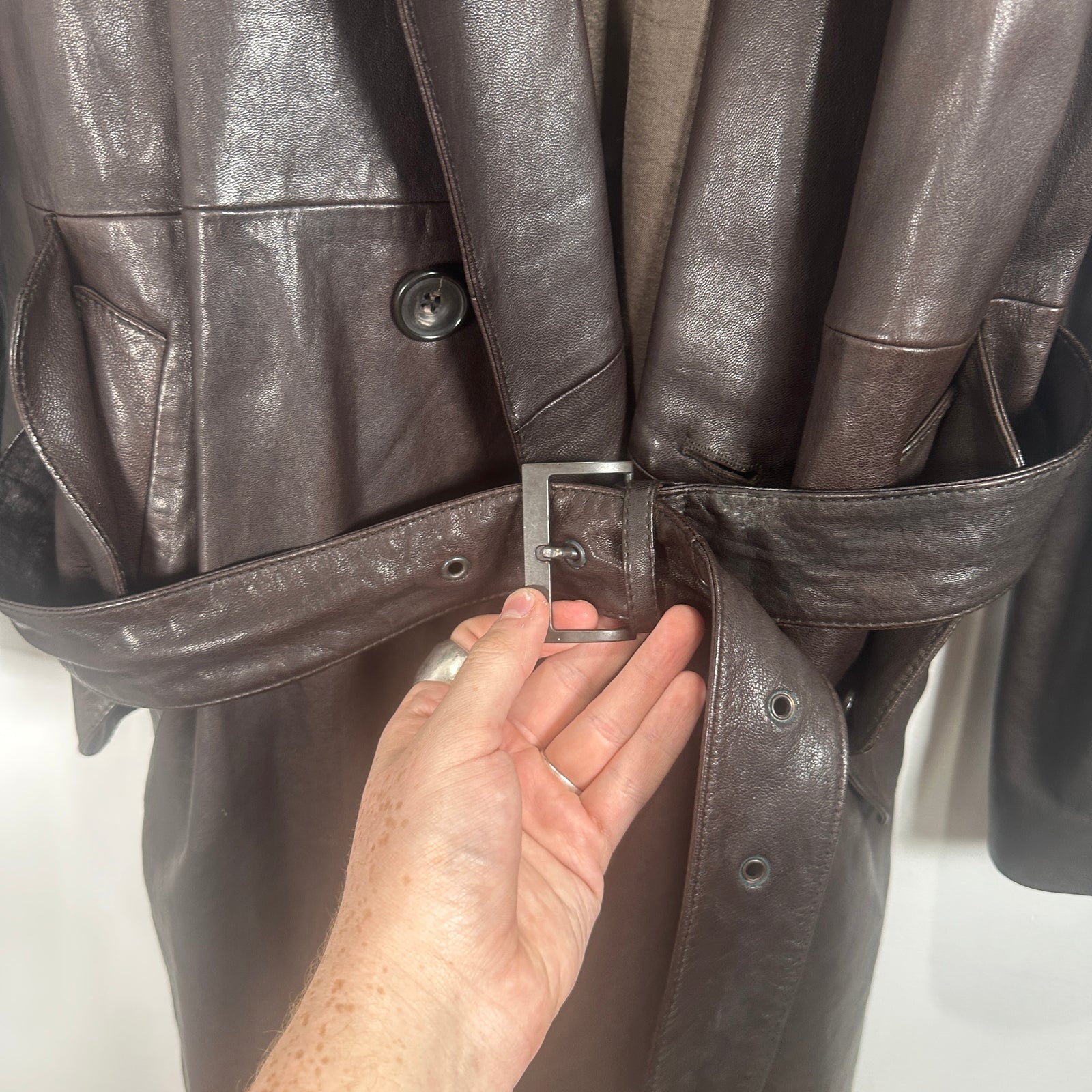 Giorgi Armani Brown Leather Trench Coat Size L