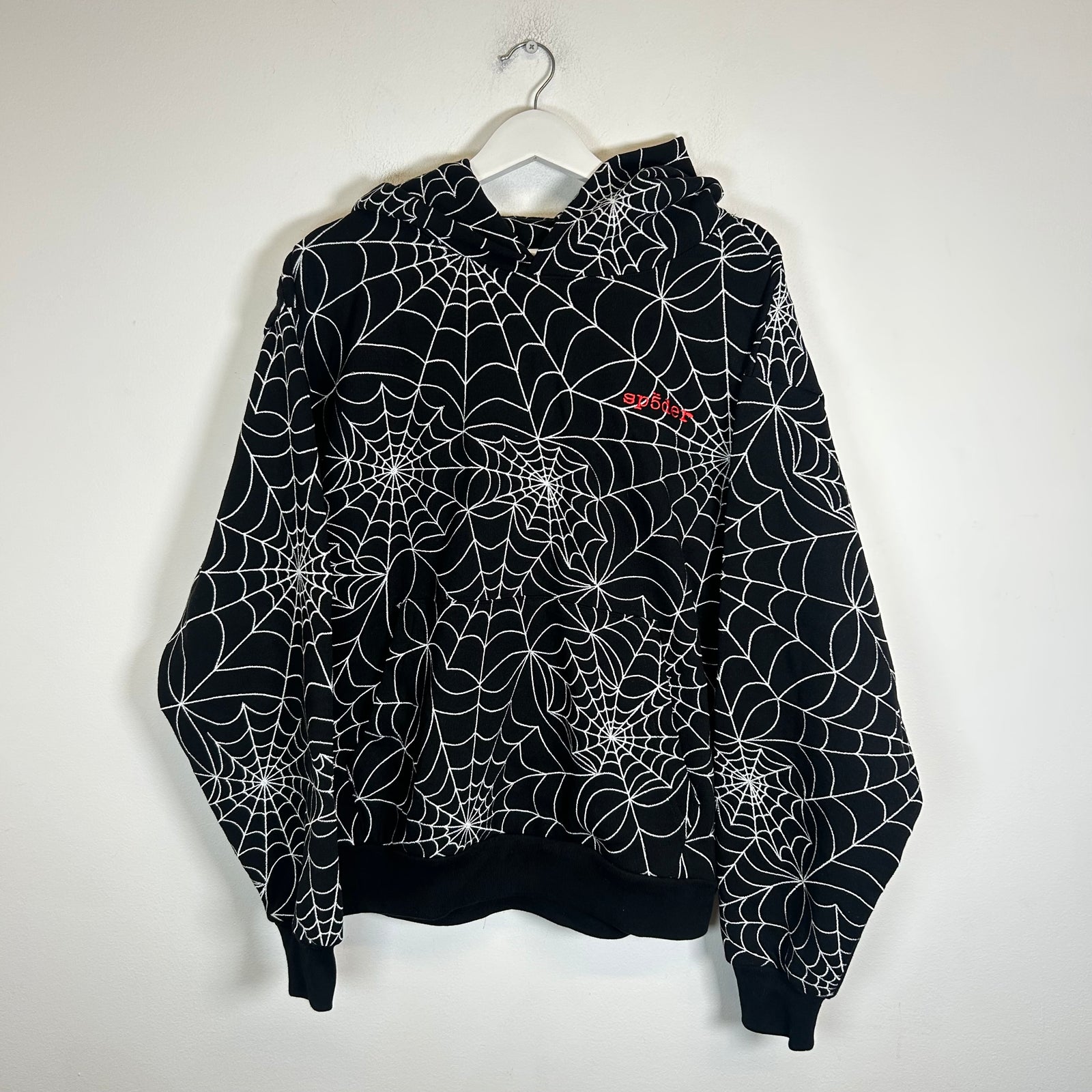 Sp5der Black All Over Web Hoodie Size M