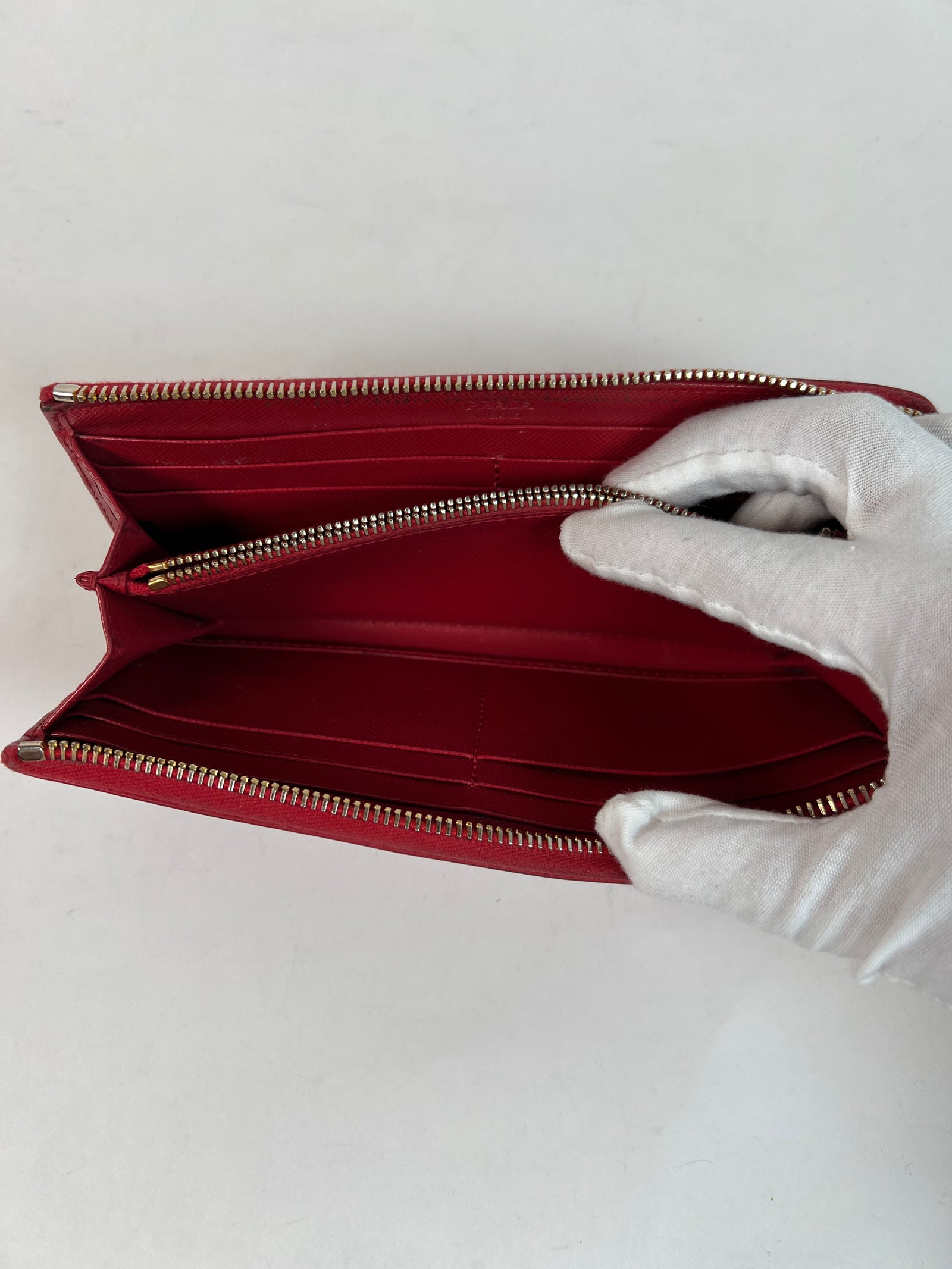 Prada Red Leather Saffiano Zip Around Wallet