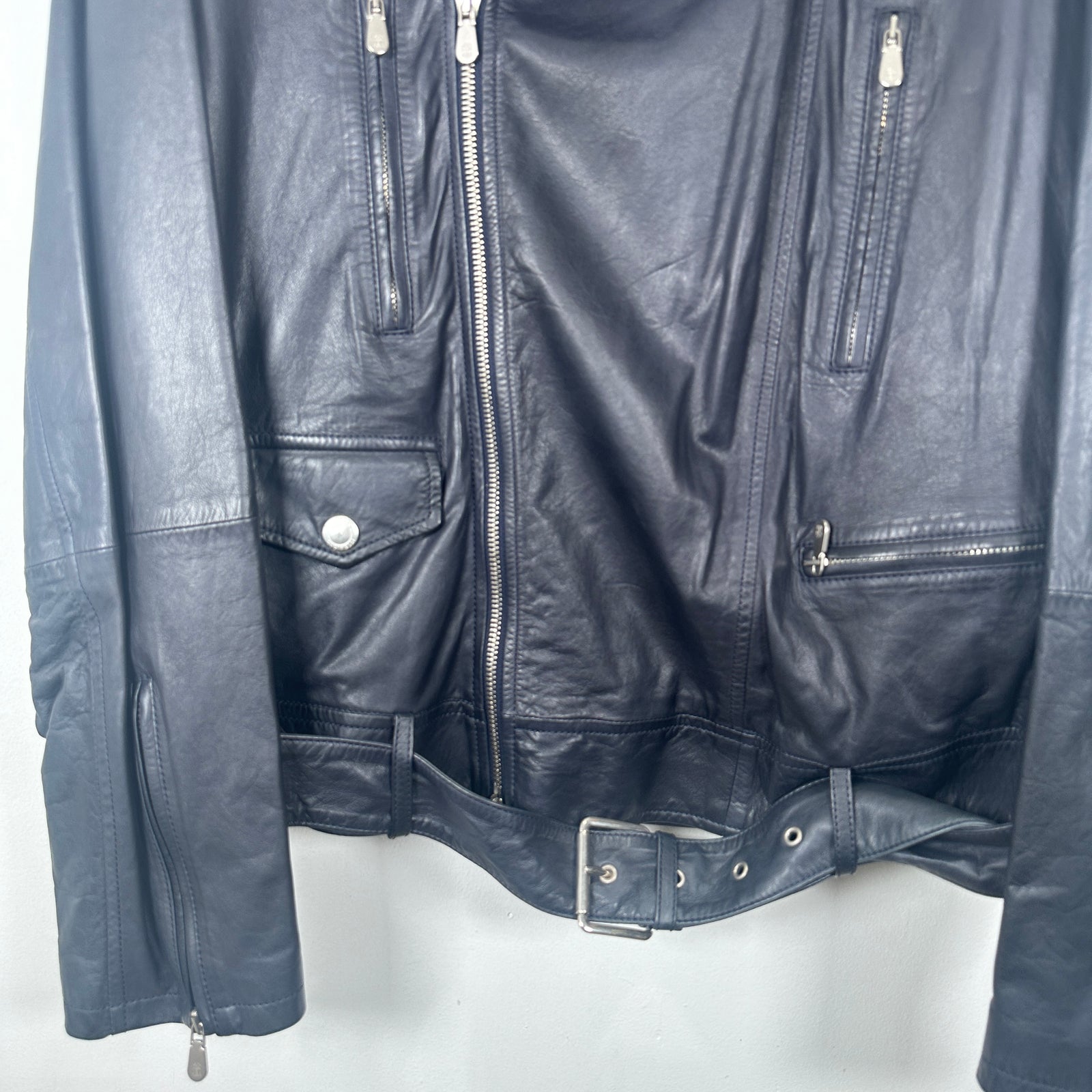Brunello Cucinelli Navy Leather Biker Jacket Size M