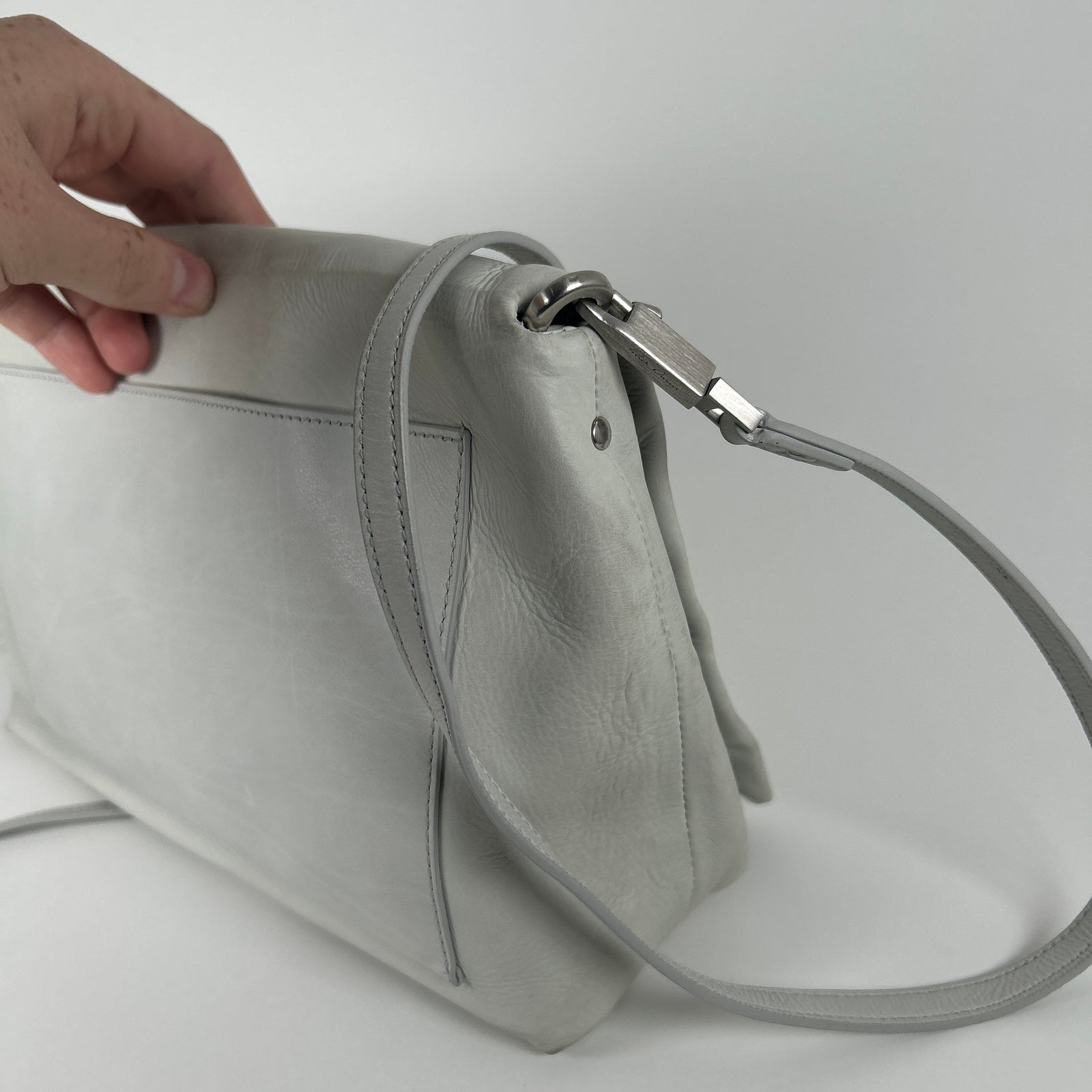 Rick Owens Light Gray Leather Small 'Adri' Flap Messenger Bag