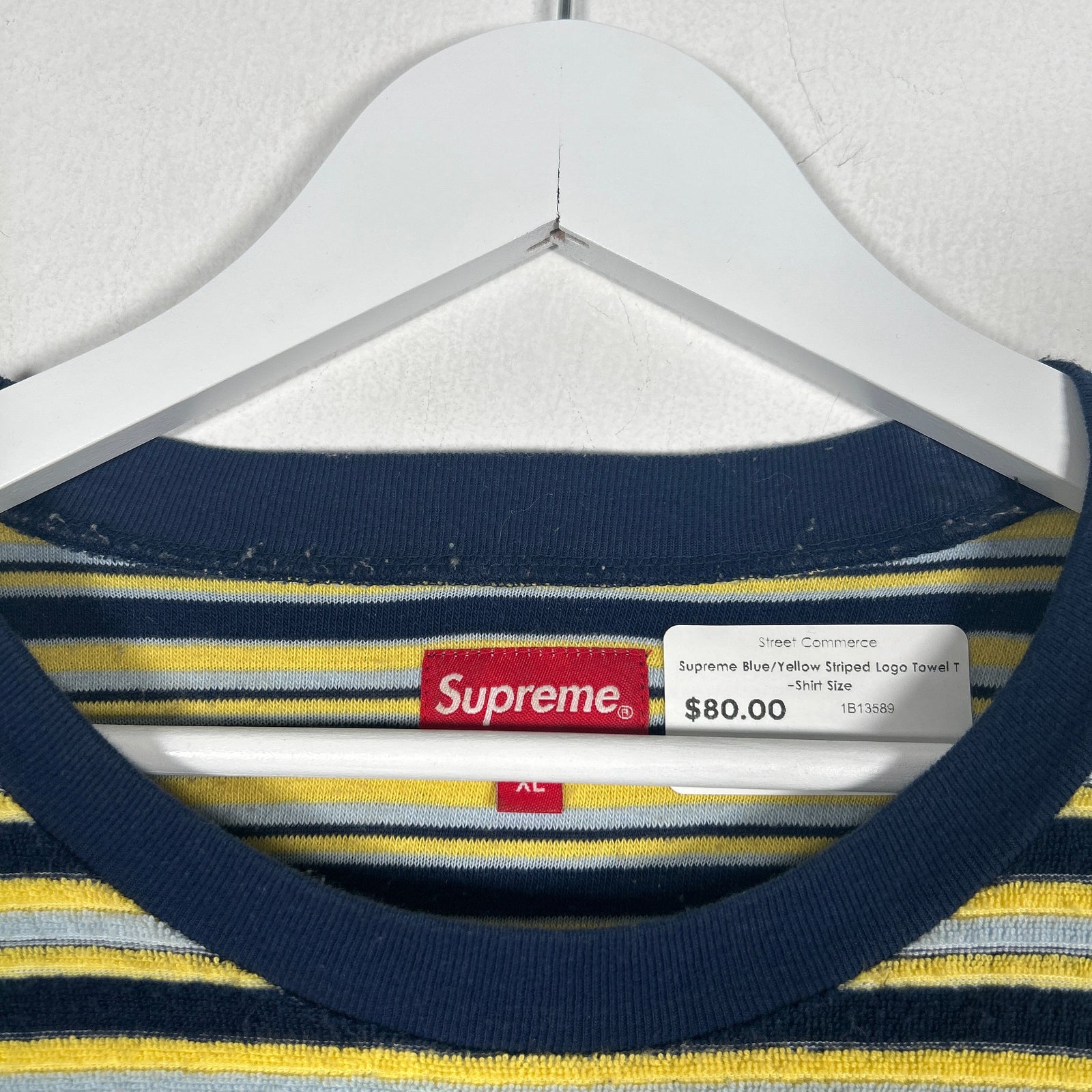 Supreme Blue/Yellow Striped Logo Towel T-Shirt Size