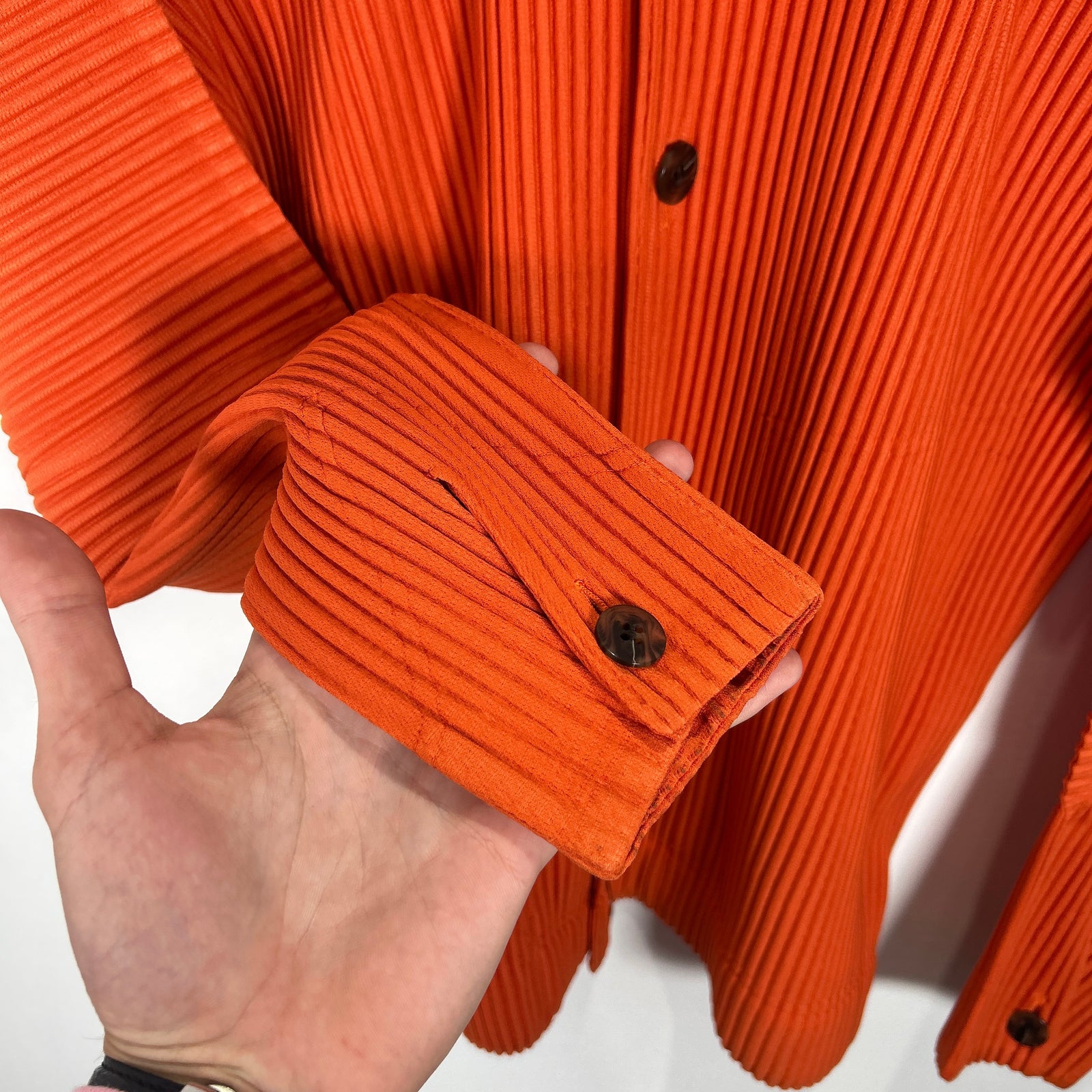 Issey Miyake Home Plisse Orange Pleated Button-Up Shirt Size L