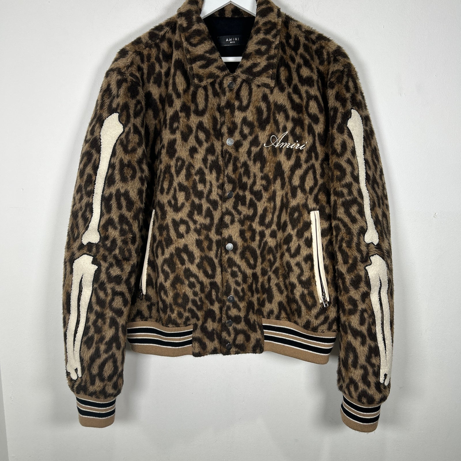 Amiri Cheetah Print Skeleton Varsity Jacket Size XL