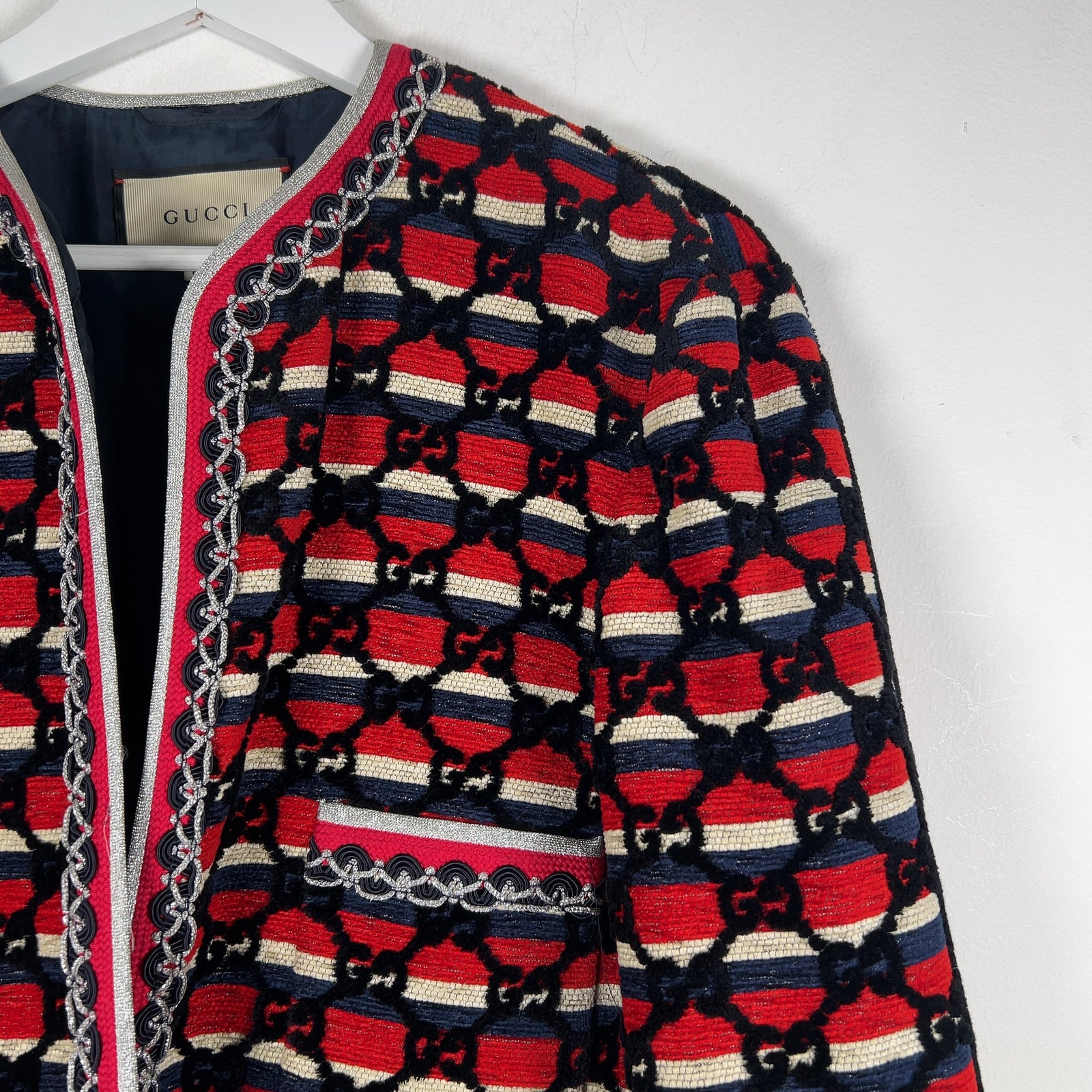 Gucci Flocked Tweed Cutting Jacket Red/Silver Size M