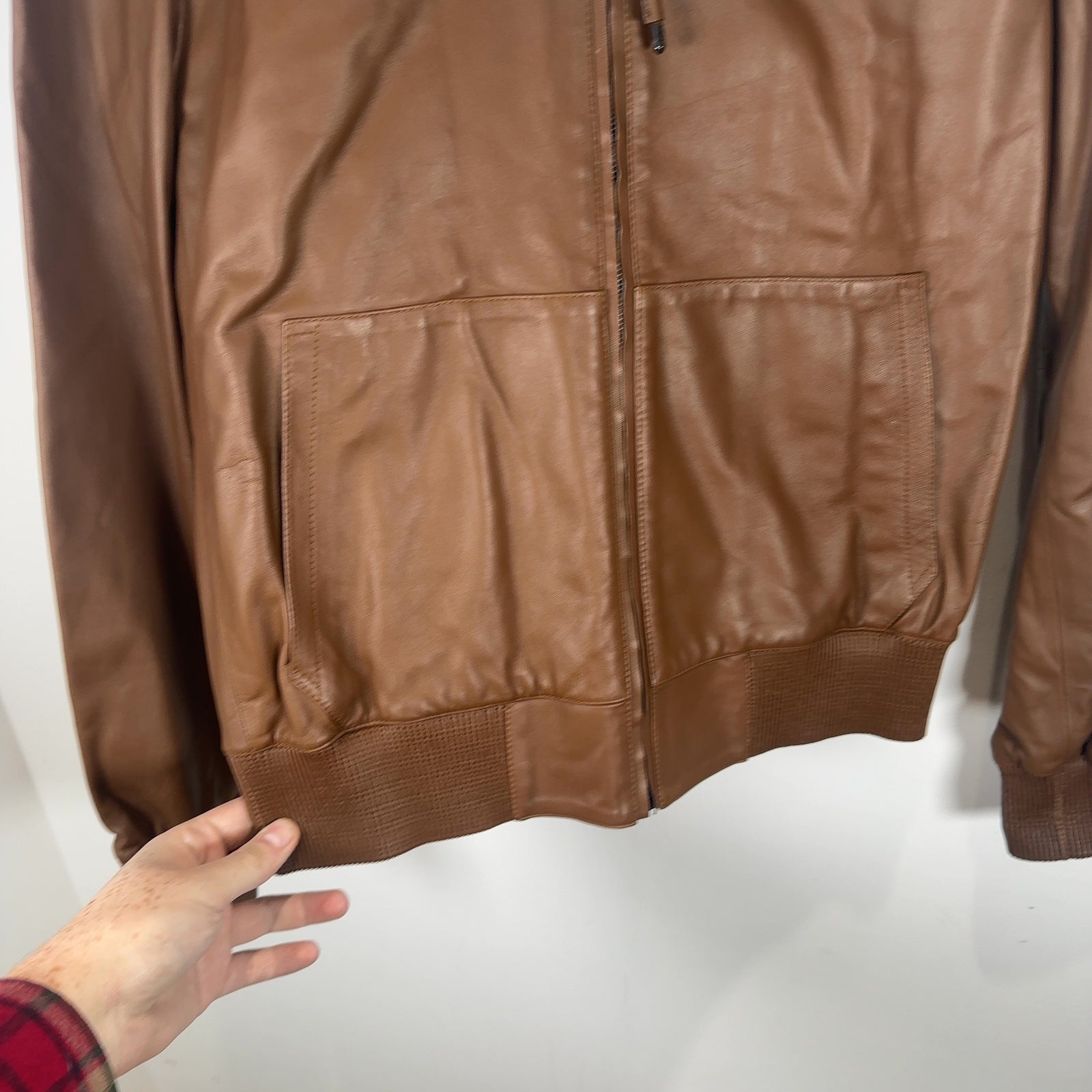 Ralph Lauren Purple Label Brown Leather Hooded Jacket Size S