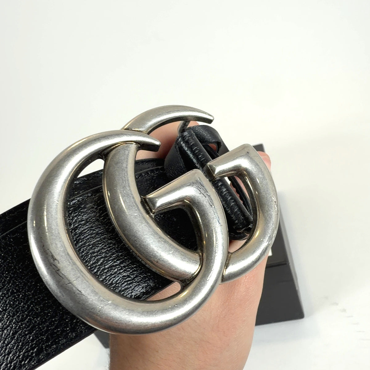 Gucci Gunmetal 'GG' Leather Belt