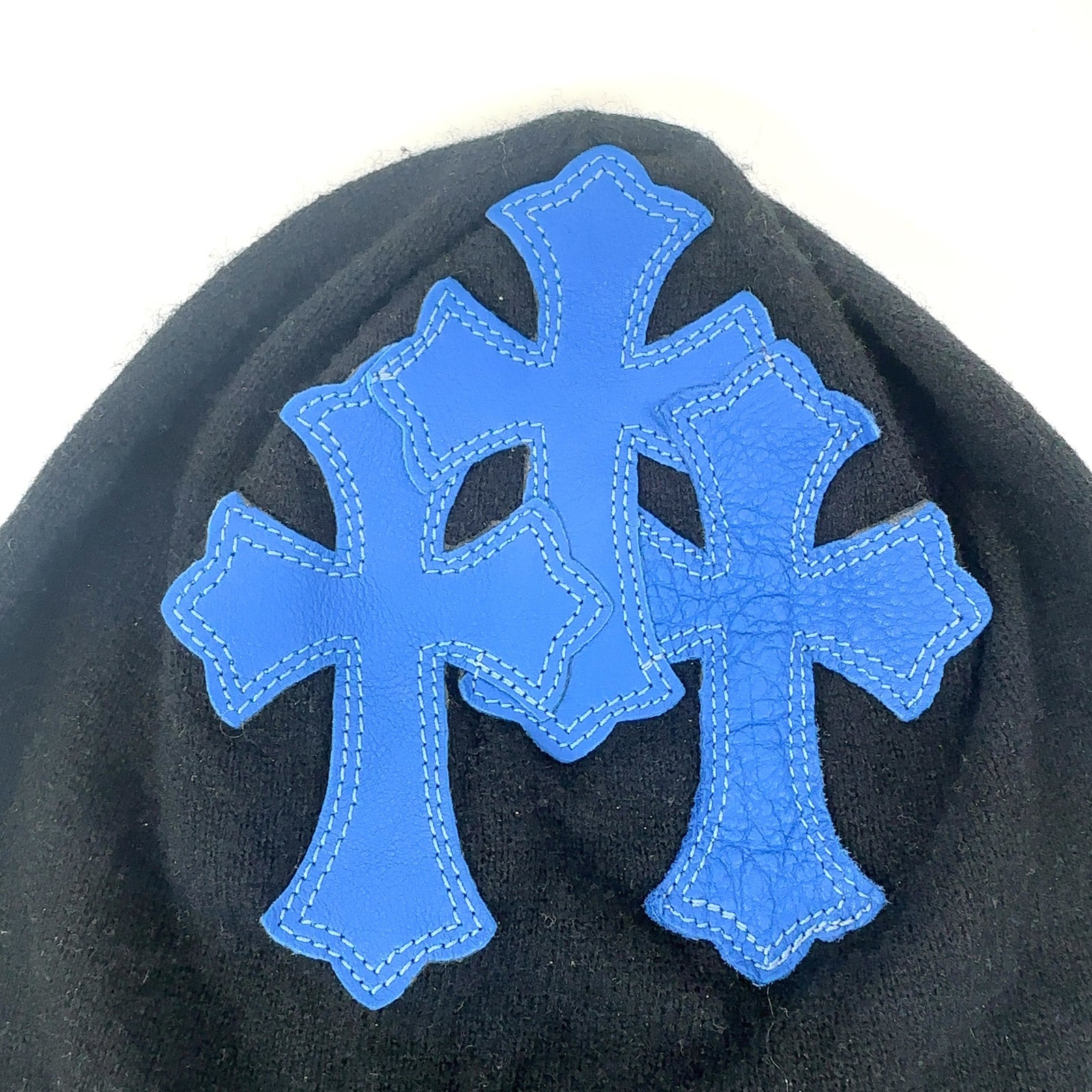 Chrome Hearts Blue Triple Cross Leather Patch Cashmere Beanie