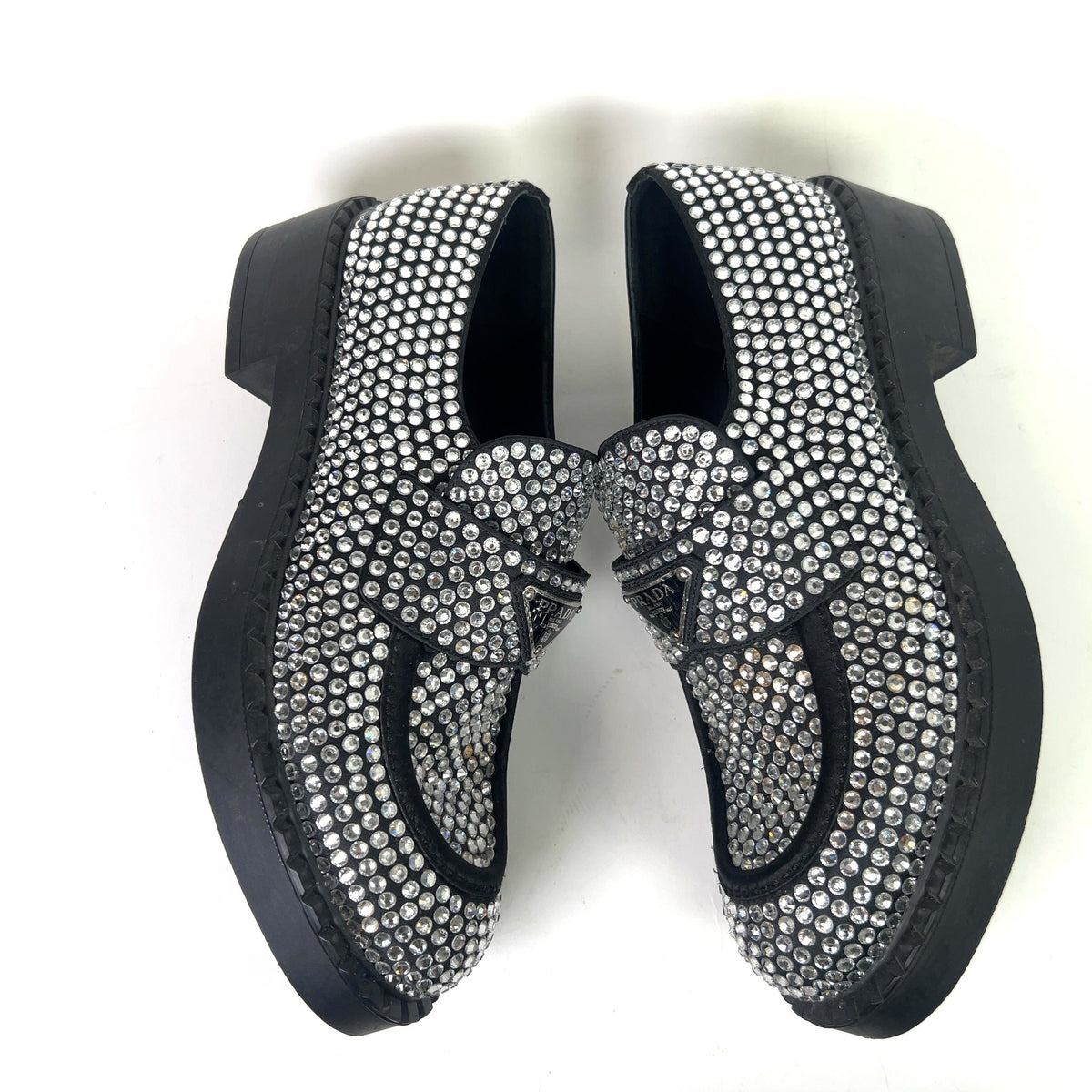 Prada Crystal Embellished Triangle Logo Loafers