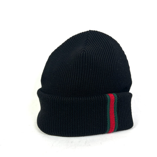 Gucci Black Web Stripe Wool Ribbed Beanie