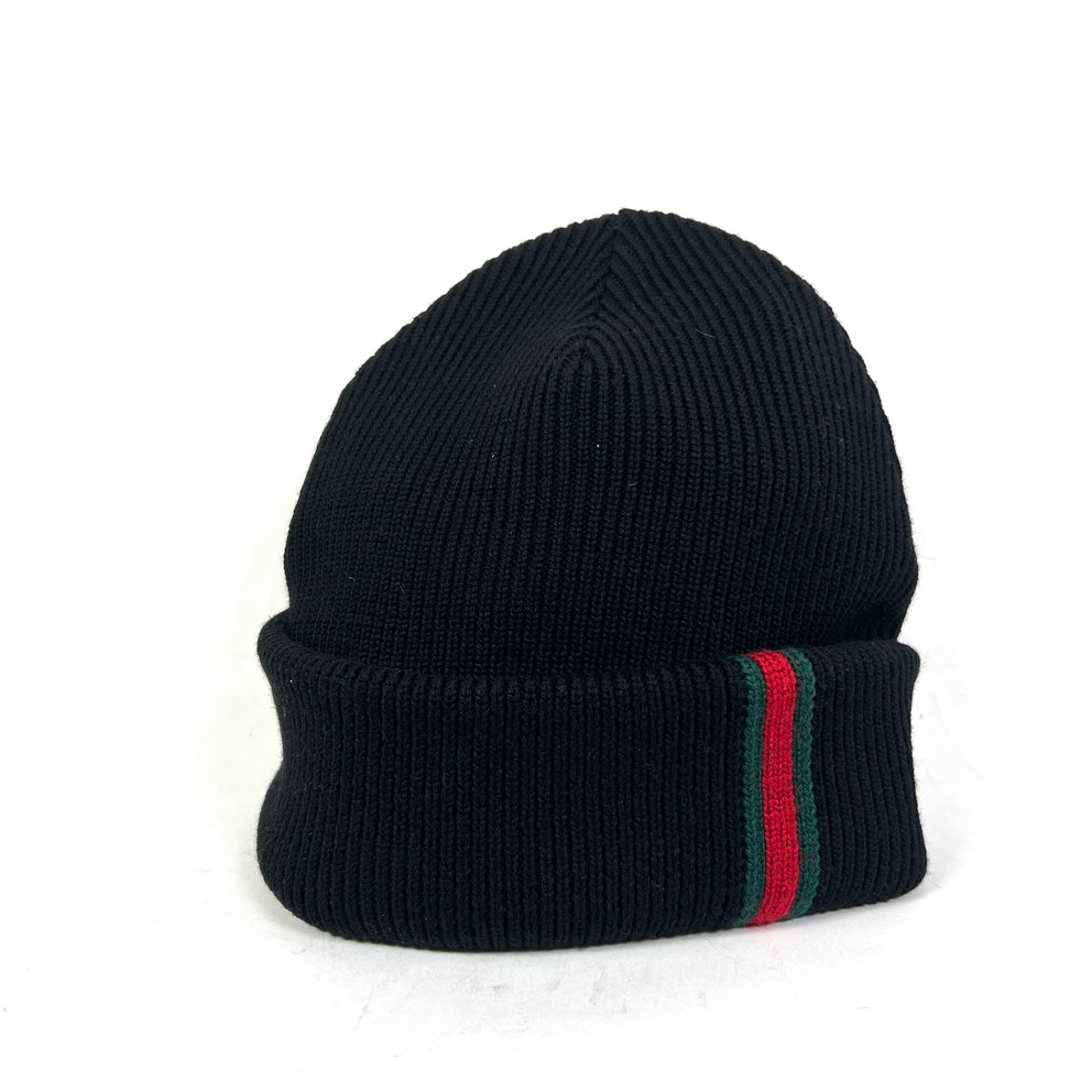 Gucci Black Web Stripe Wool Ribbed Beanie