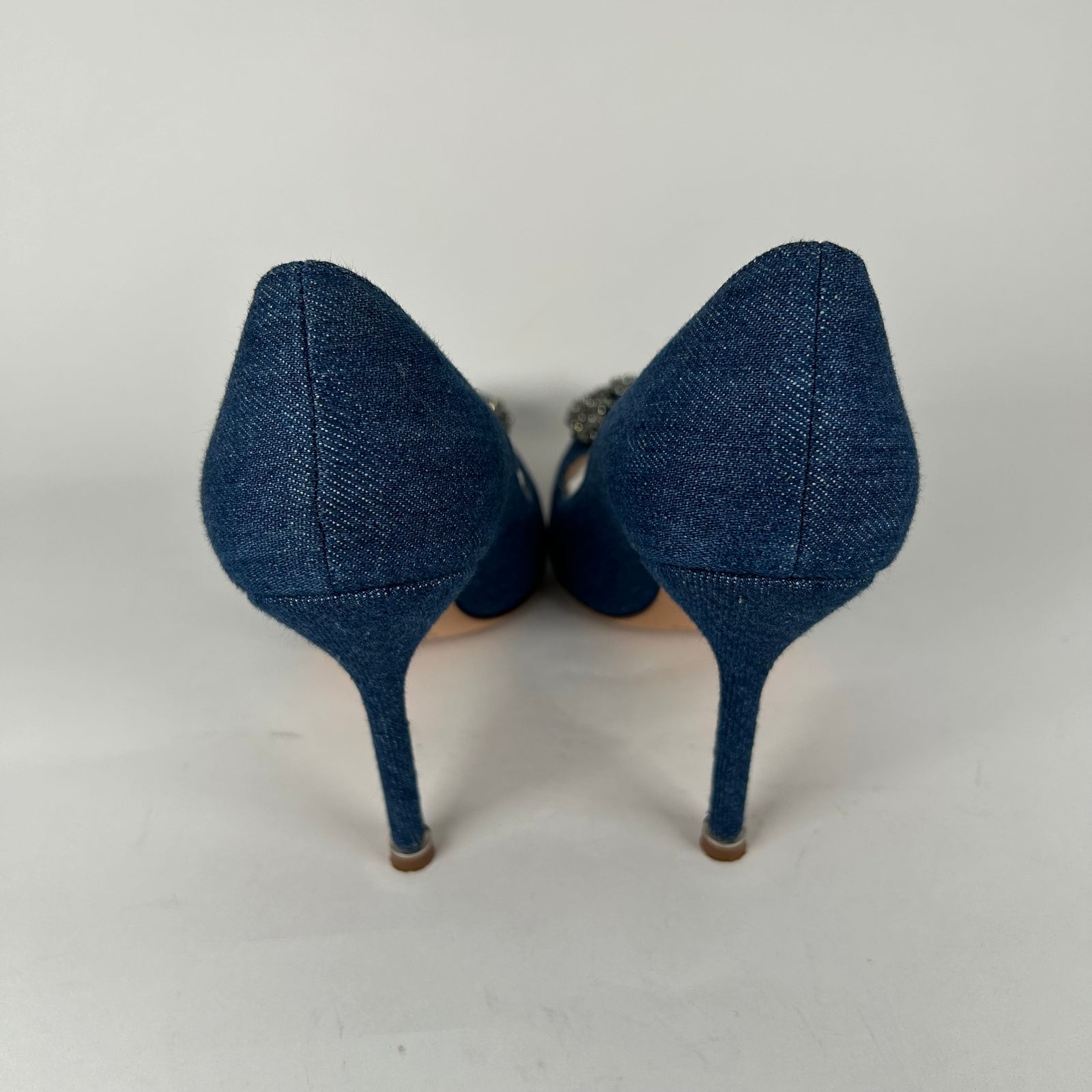 Manolo Blahnik Hangisi Jewel Buckle Denim Pumps Size 37.5