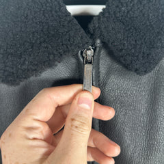 Burberry Black Sherling Leather Zip Up Jacket Size M