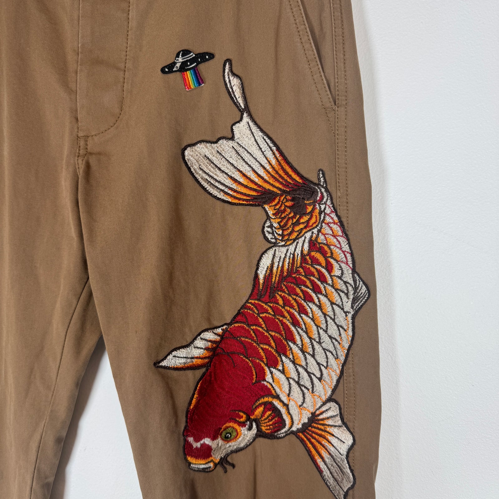 Gucci Tan Koi Fish Embroidered Chino Pants Size 31