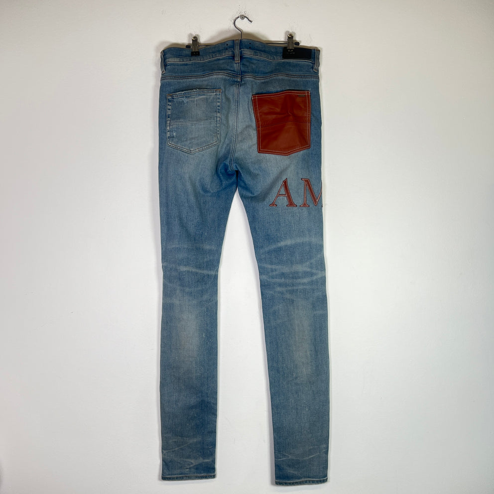 Amiri Clay Indigo Leather Stitch Logo Jeans Size 33