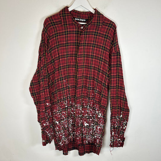 Palm Angels Red Round Logo Paint Splatter Flannel Shirt Size XXL