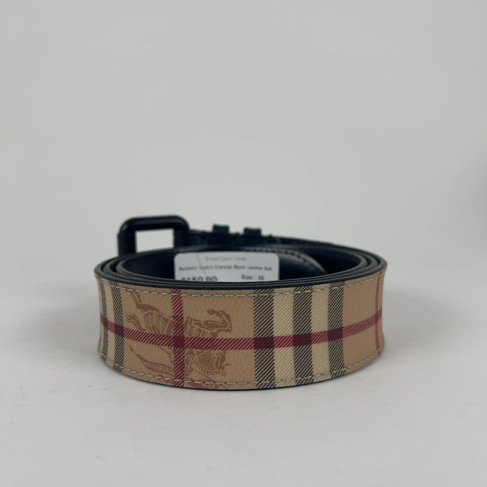 Burberry Check Canvas Black Leather Belt