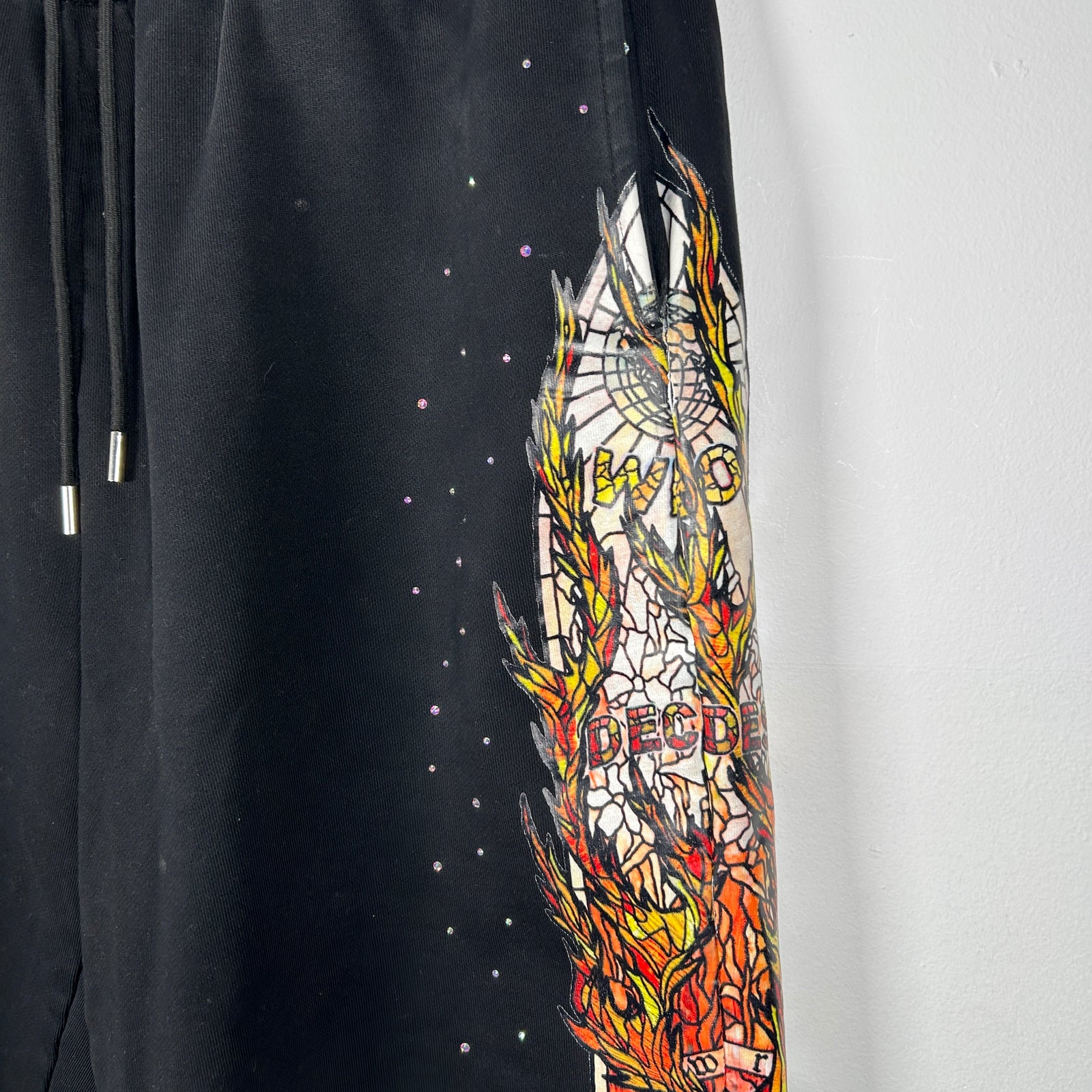 Who Decides War Flame Stained Glass Rhinestone Black Shorts Size 32