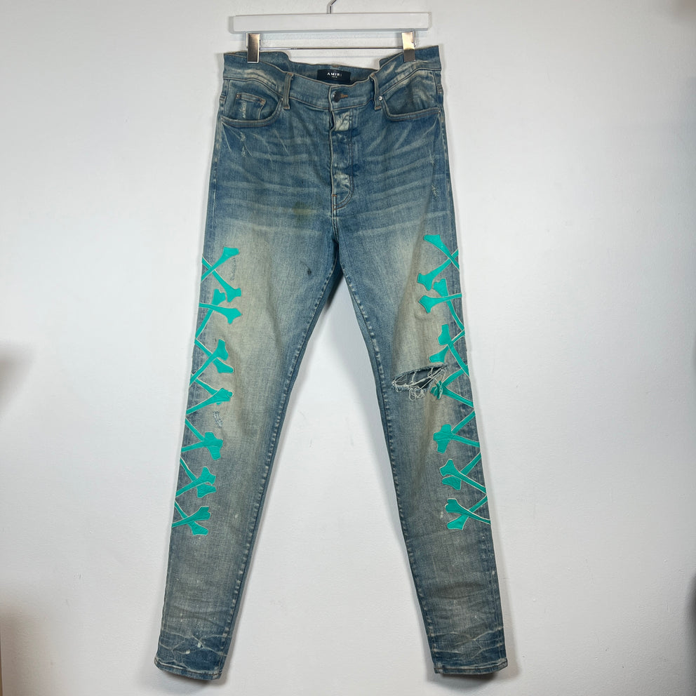 Amiri Teal Bone Lightwash Skinny Jeans Size 36