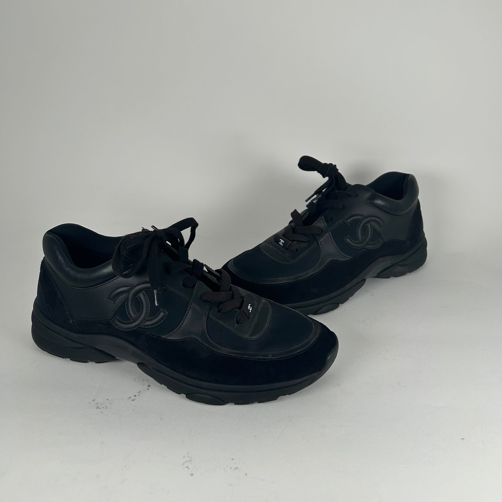 Chanel Triple Black Leather Trainers Size 11
