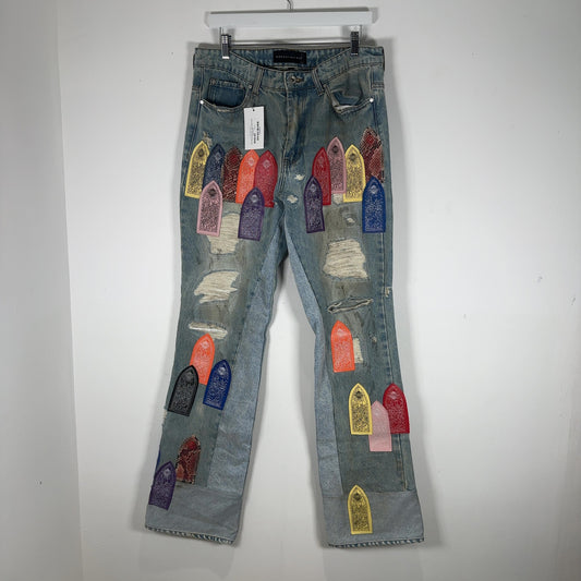 Who Decides War Multi-Logo Leather Patch Jeans Size 32