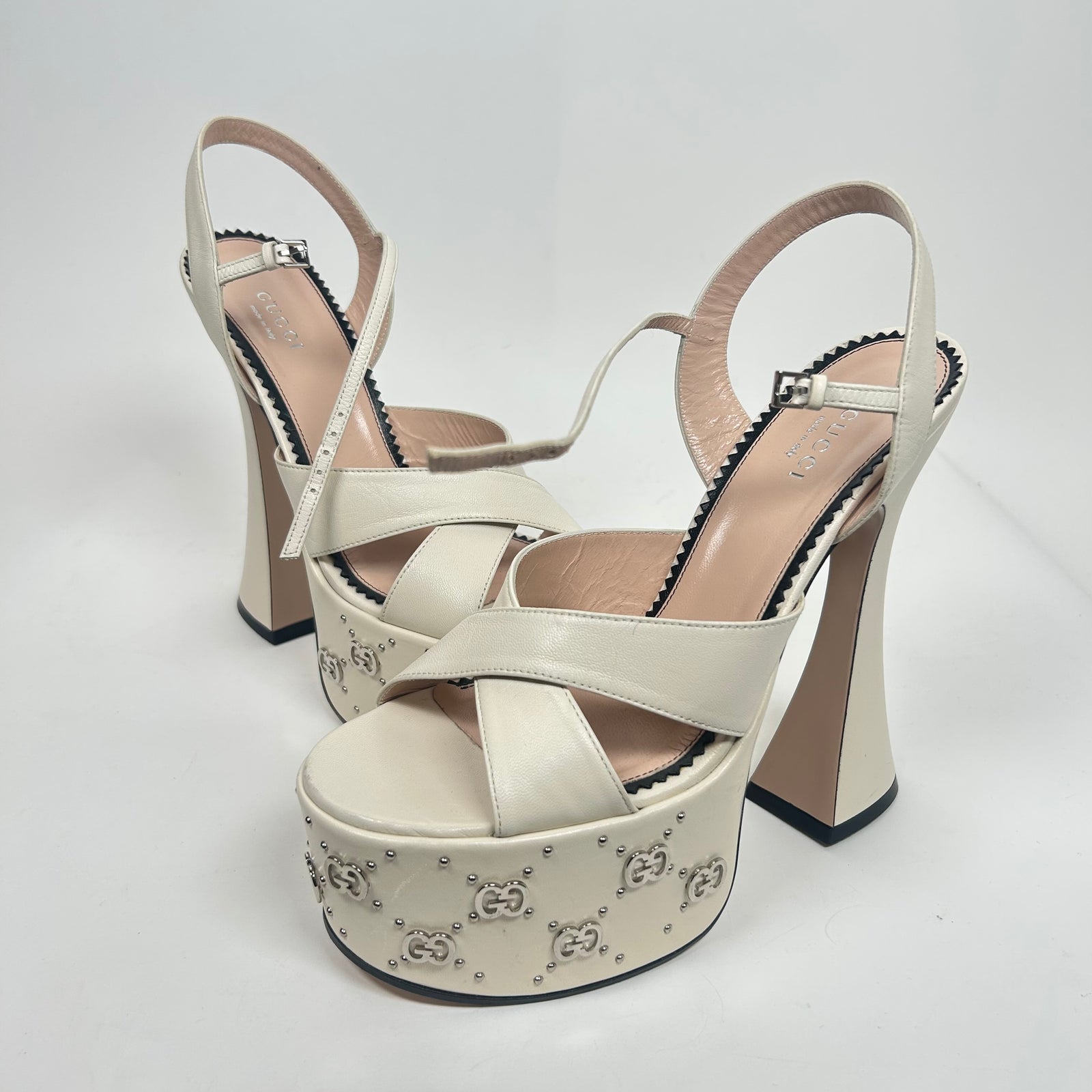 Gucci White Leather GG Studded Platform Sandals Size 38