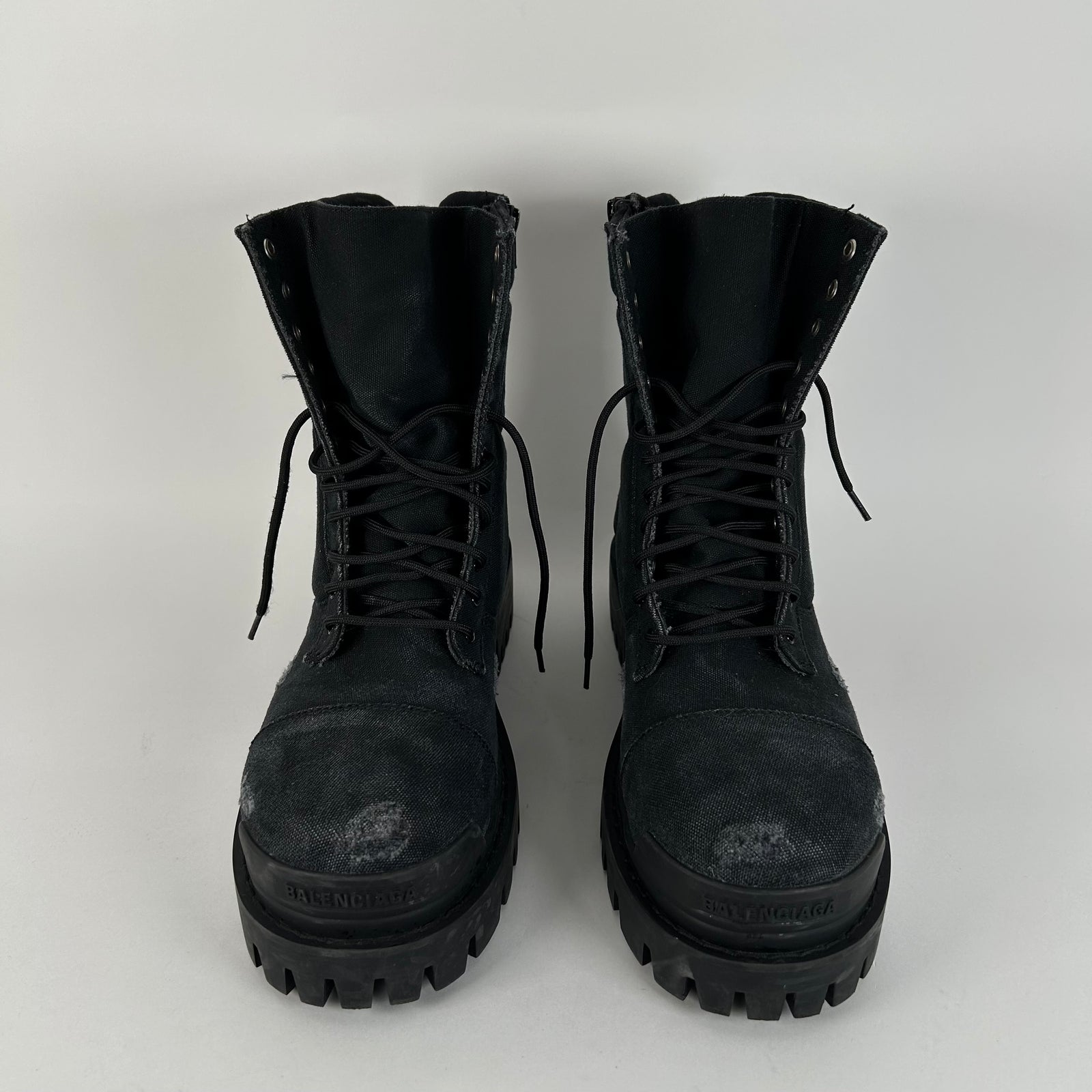 Balenciaga Black Distressed Canvas Strike Boots Size 45