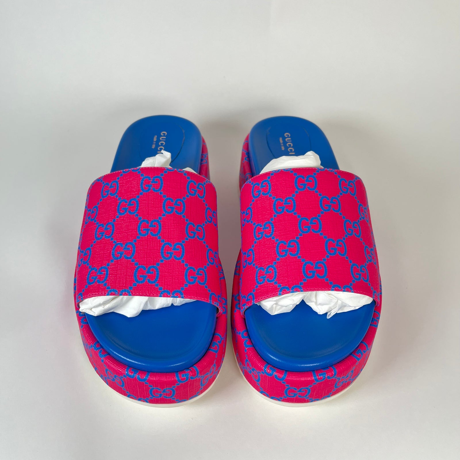 Gucci GG Supreme Pink/Blue Platform Sandals Size 42