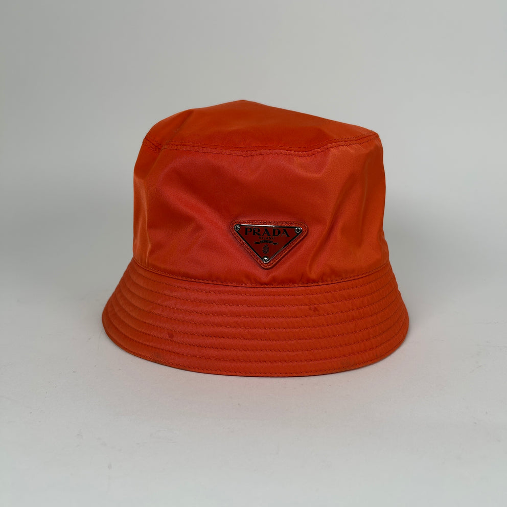 Prada Orange Nylon Logo Bucket Hat Size M