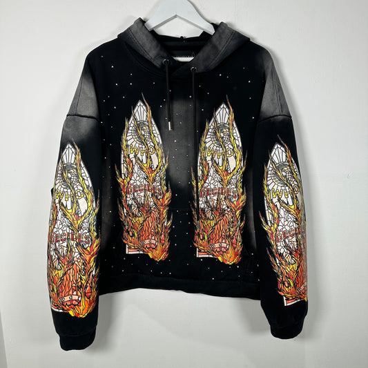 Who Decides War Flame Stained Glass Rhinestone Black Hoodie Size L