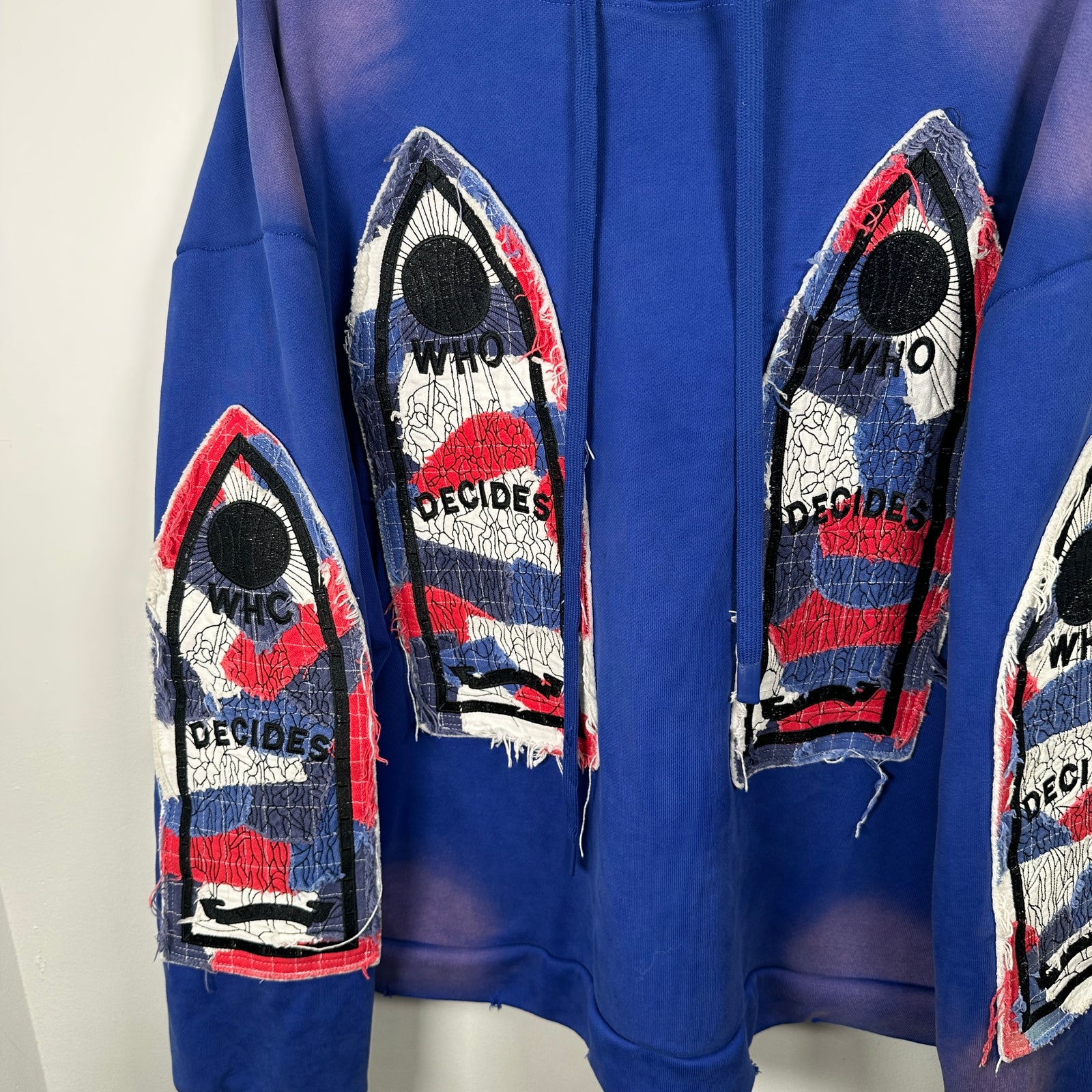 Who Decides War Stained Glasses Embroidered Blue Hoodie Size L
