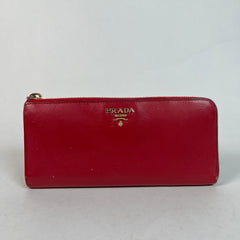 Prada Red Leather Saffiano Zip Around Wallet
