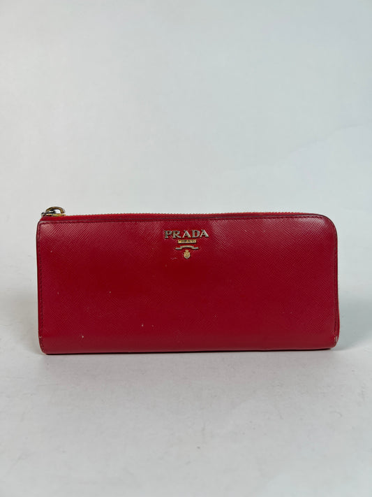 Prada Red Leather Saffiano Zip Around Wallet