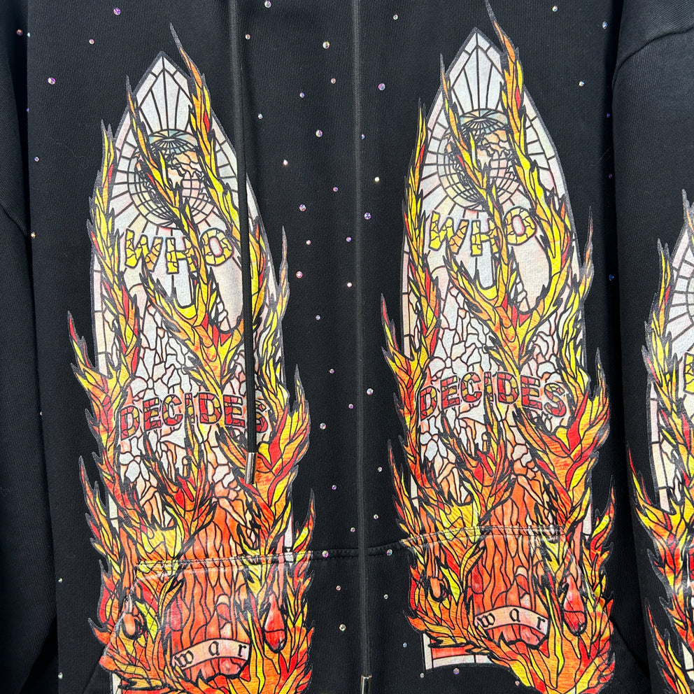 Who Decides War Flame Stained Glass Rhinestone Black Hoodie Size L