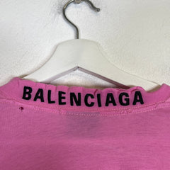 Balenciaga Pink Distressed Neck Logo T-Shirt Size XS