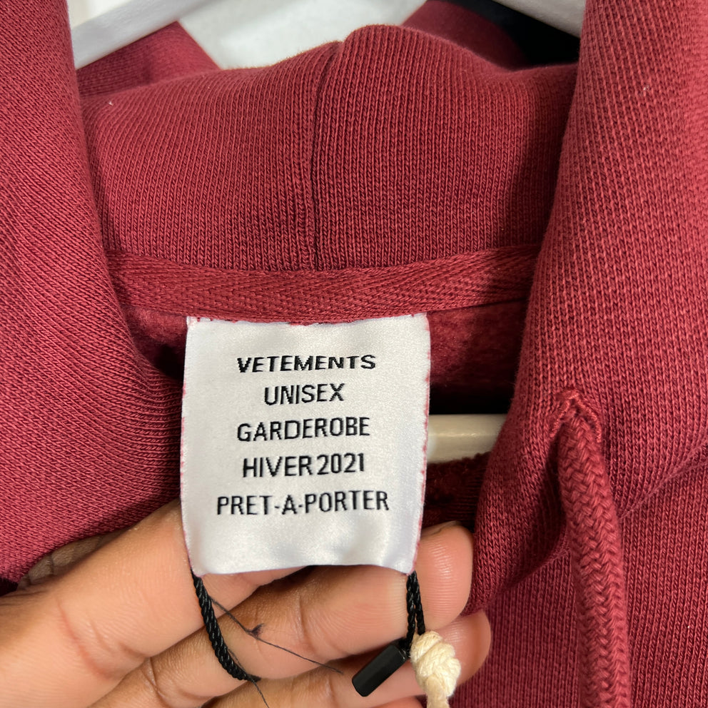 Vetements Burgundy AW21 Written Logo Hoodie Size S