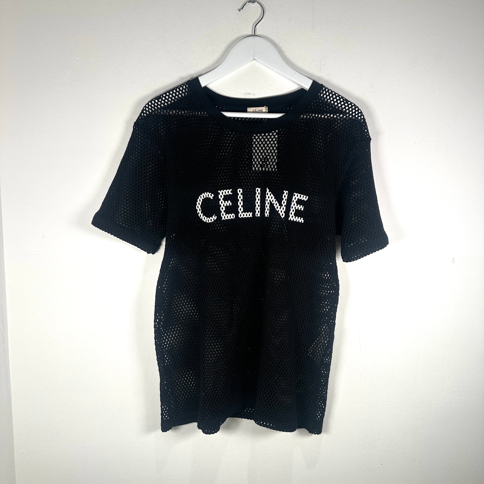 Celine Black/White Logo Mesh T-Shirt Size S