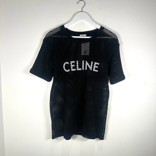 Celine Black/White Logo Mesh T-Shirt Size S