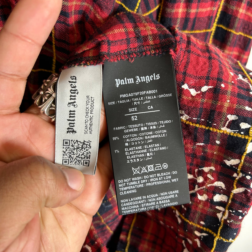 Palm Angels Red Round Logo Paint Splatter Flannel Shirt Size XXL