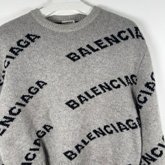 Balenciaga Wool Knit Grey All Over Logo Cropped Sweater Size M