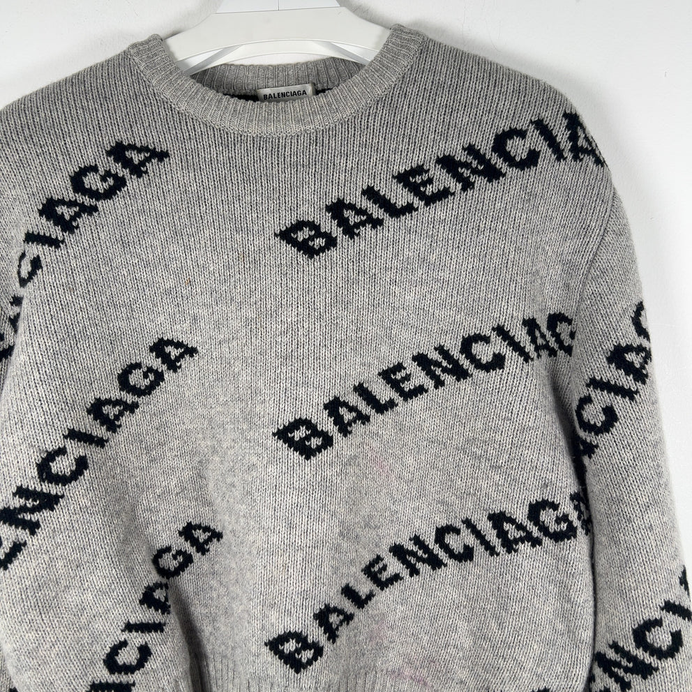 Balenciaga Wool Knit Grey All Over Logo Cropped Sweater Size M
