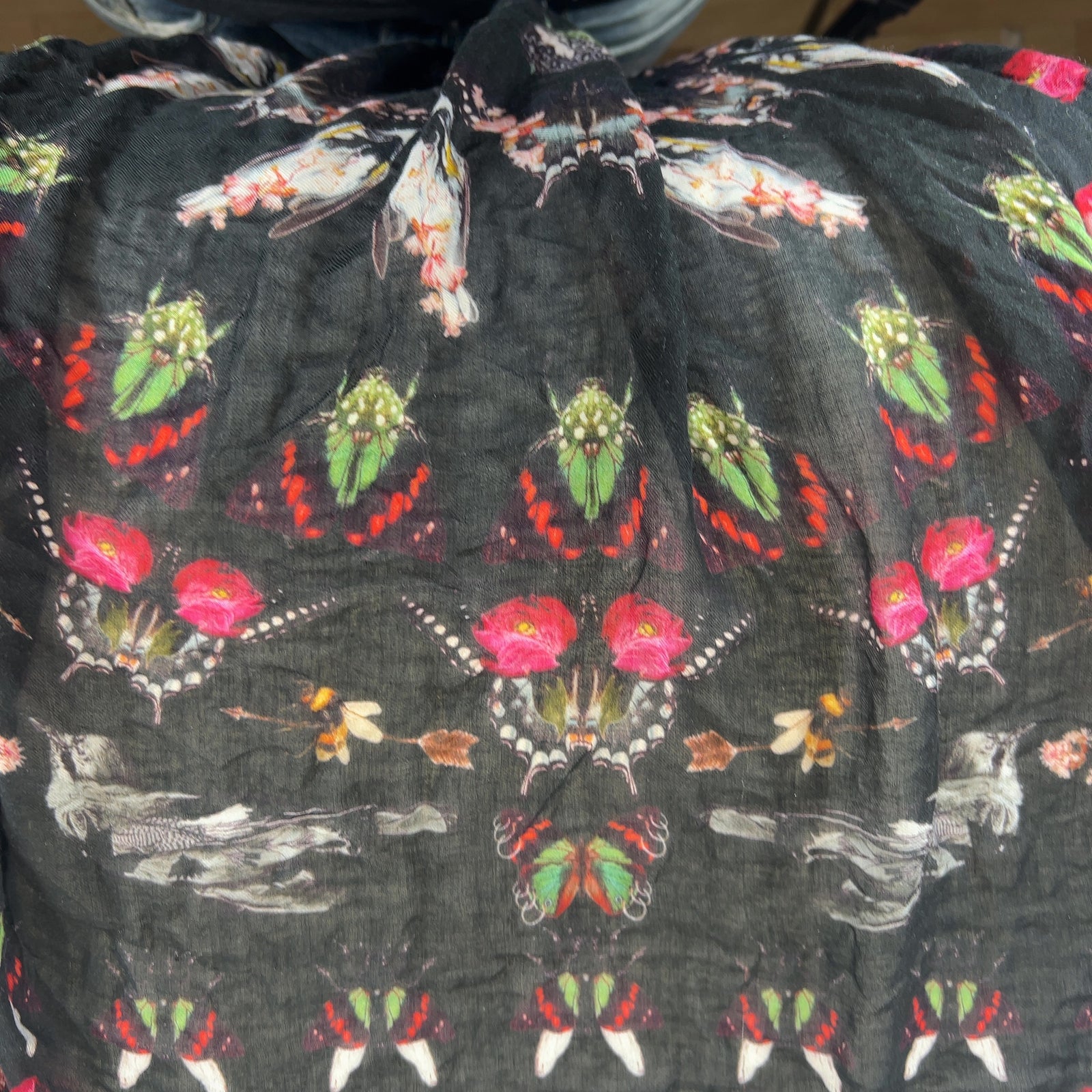 Alexander McQueen Floral Moth Print Silk Cotton Scarf