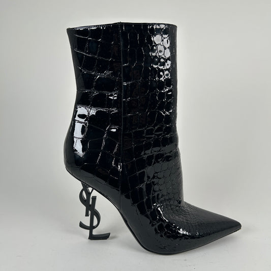 Saint Laurent Black Croc Embossed 'Opyum'  Ankle Boot Size 40