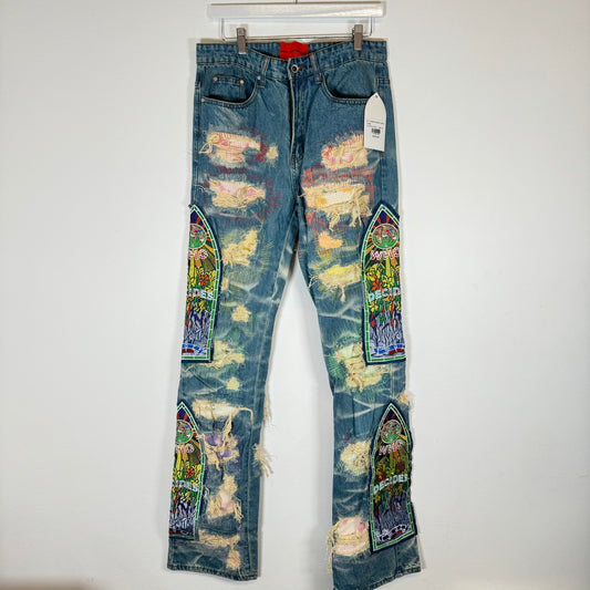 Who Decides War ROYGBIV Fusion Embroidered Denim Jeans Size 30