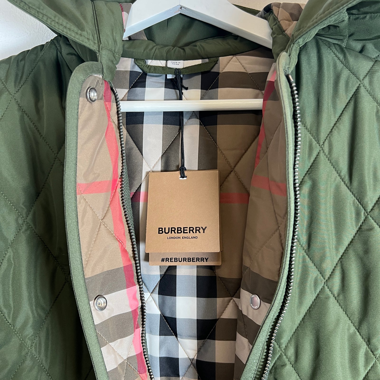 Burberry Olive Quilted Hooded Jacket Size L